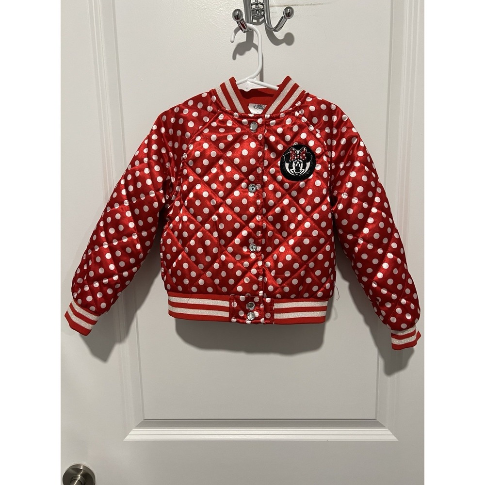 Disney Store Minnie Mouse Stylish‎ Red & White Polka Dot Varsity Jacket Girls 4
